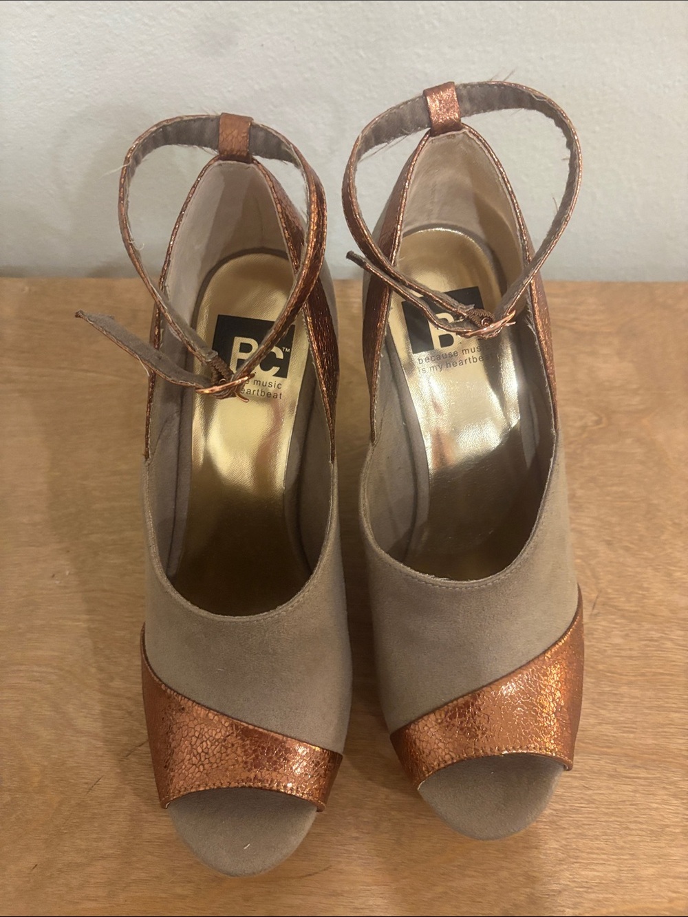 BCBG Taupe Suede & Metallic Copper Peep-Toe Heels